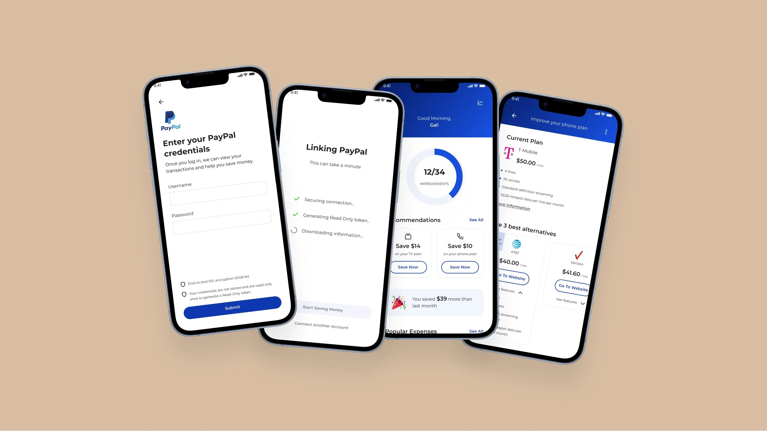 BestWallet financial app screens: PayPal linking flow and savings dashboard
