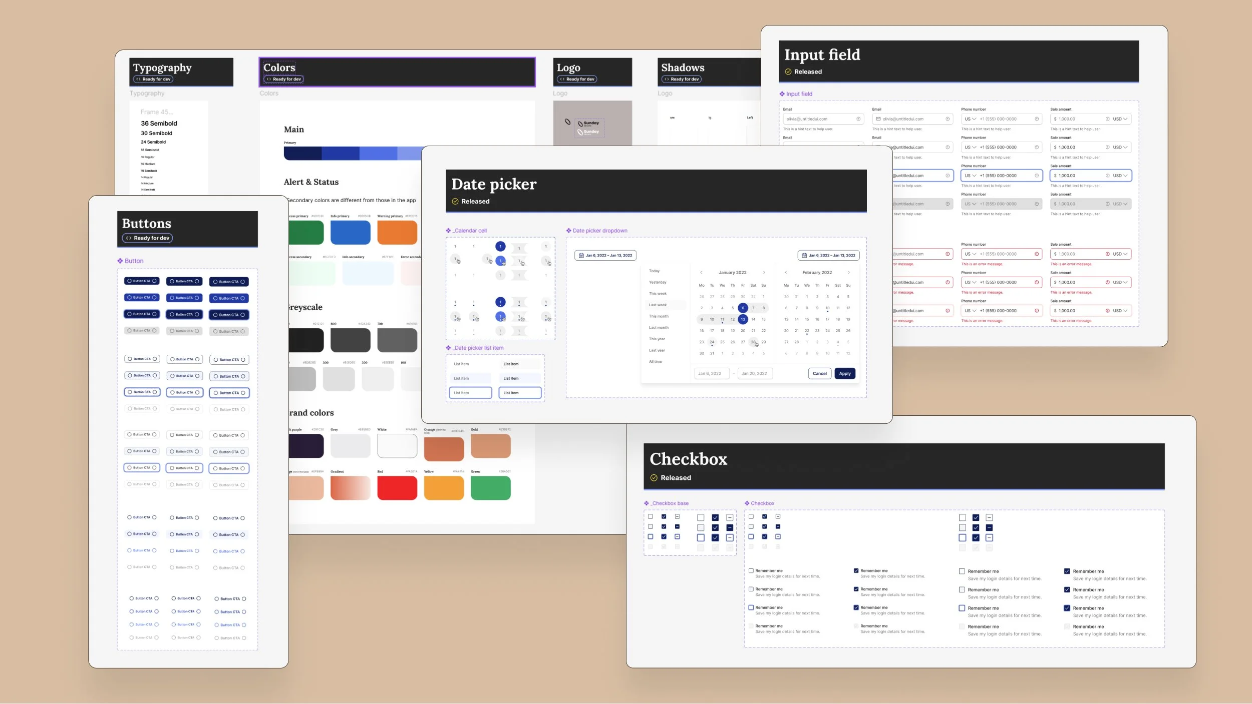 The design system in Figma: typography scale, color palettes, buttons in all states, date picker, input fields and checkboxes, each marked released or ready for development