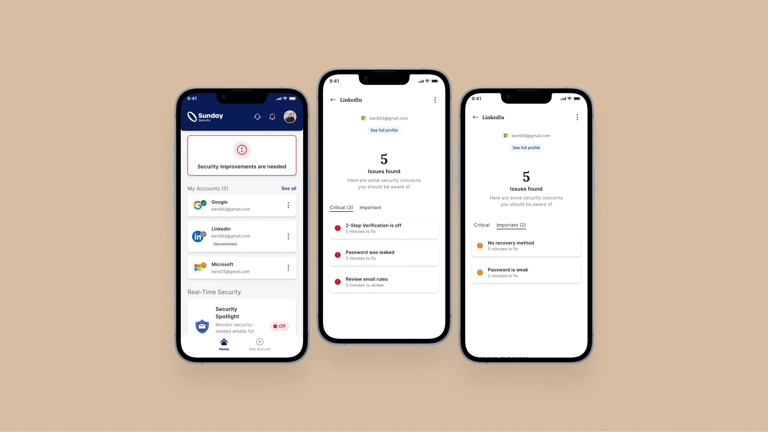 Concept for a redesigned Sunday Security home screen showing connected accounts and real-time security alerts, alongside per-account issue lists for LinkedIn