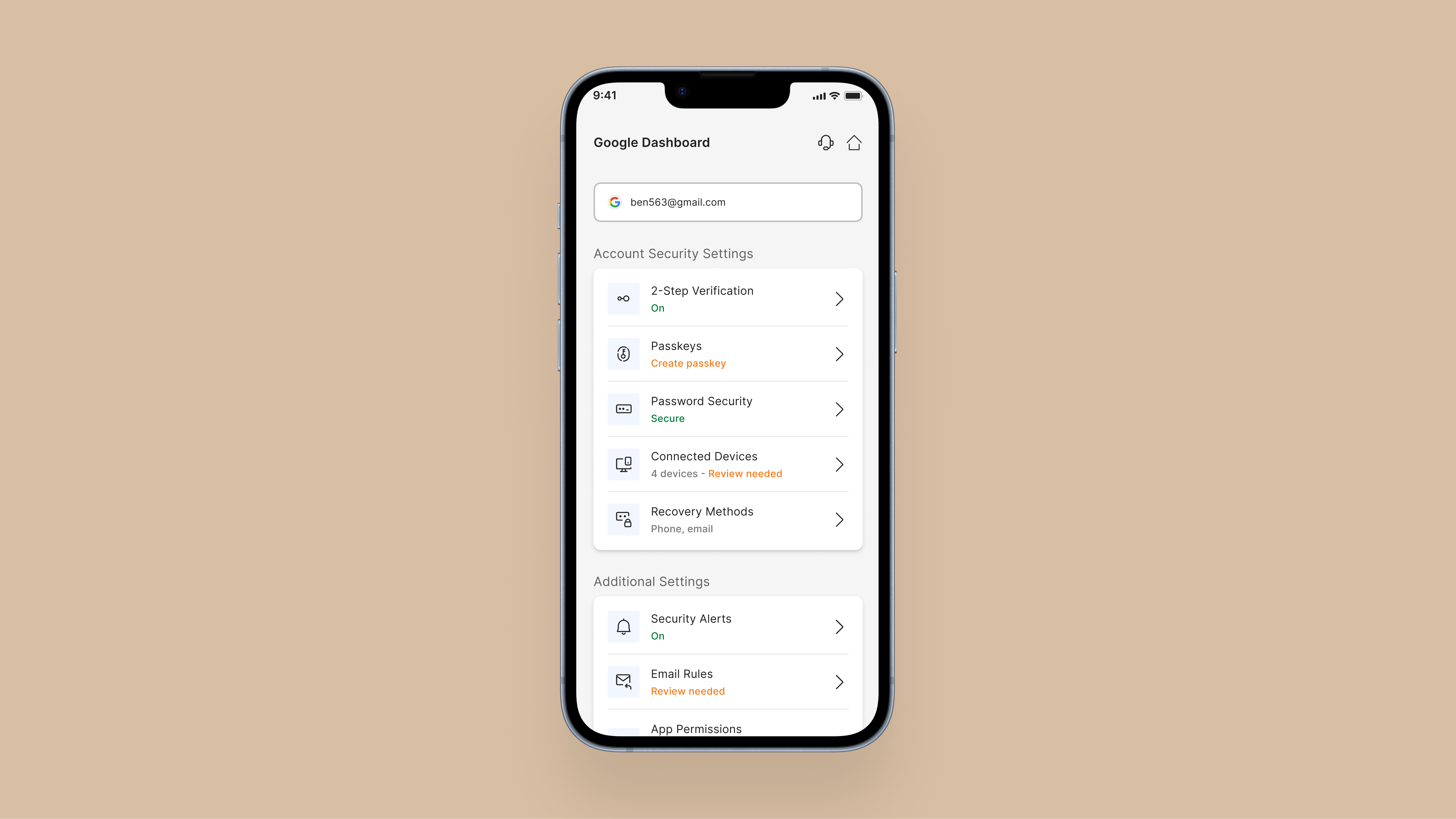 A Google account inside the Sunday Security app, showing every security setting in one place: 2-step verification, passkeys, password security, connected devices, recovery methods, security alerts, email rules and app permissions
