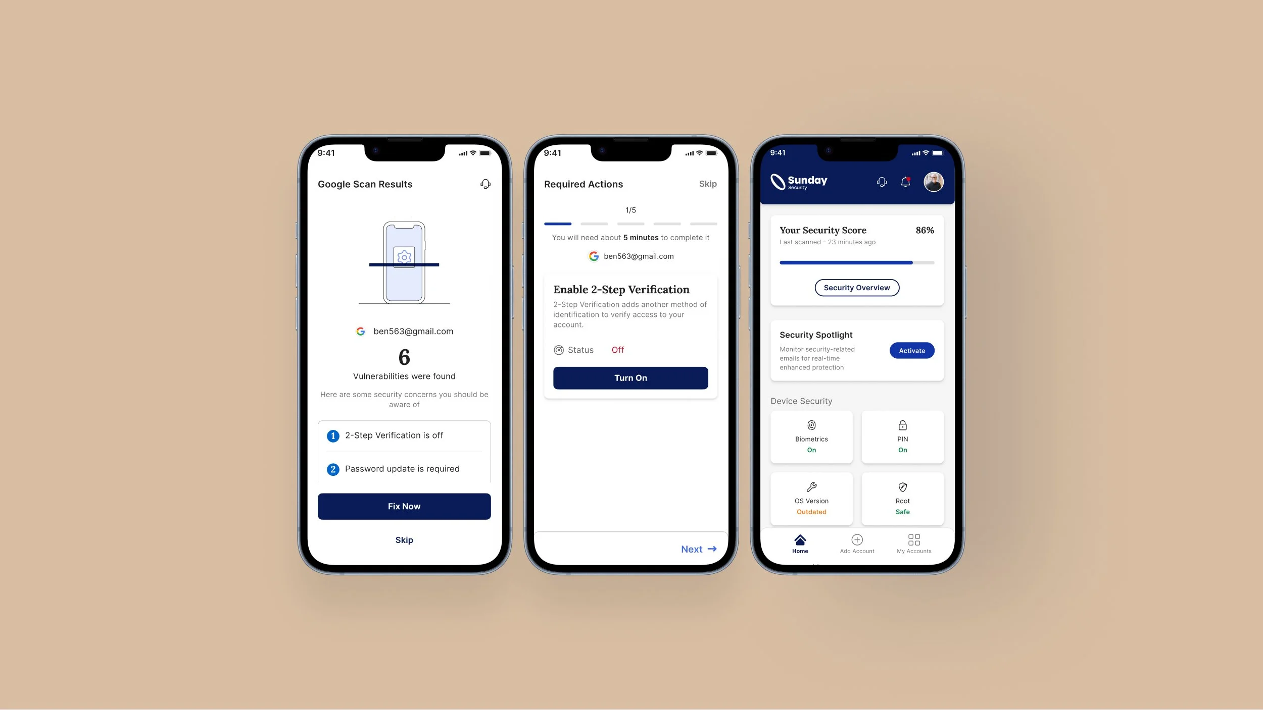 Sunday Security mobile app screens: security scan results, guided fix wizard, and security score home screen