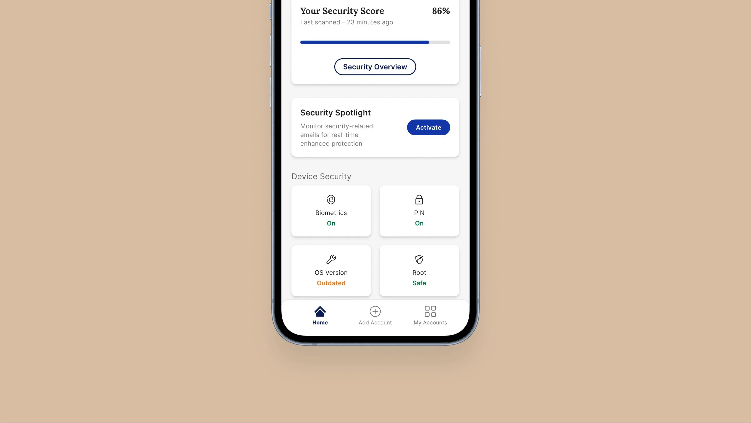 The Sunday Security home screen with security score, security spotlight activation card, and device security tiles for biometrics, PIN, OS version and root status