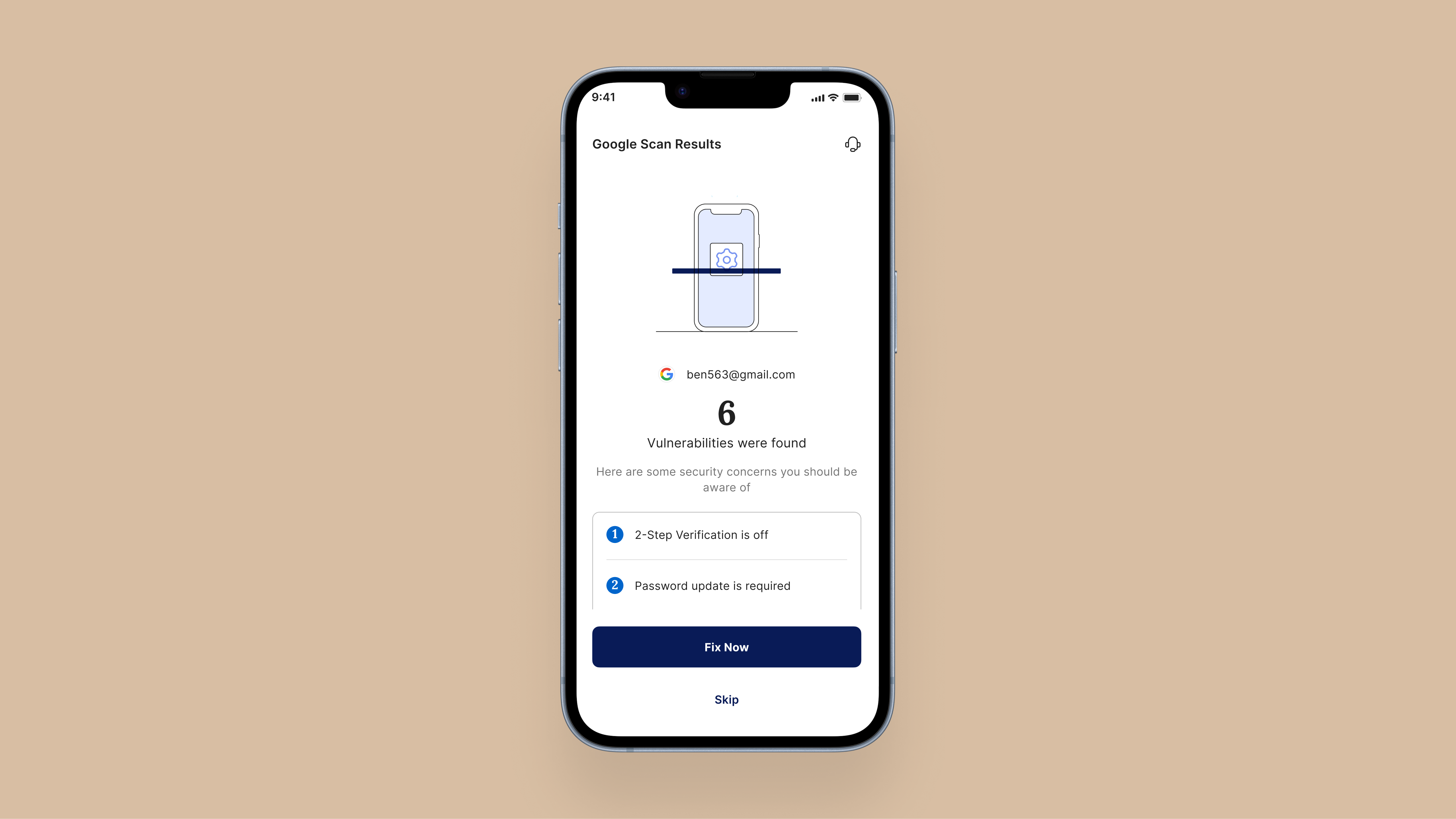 The Google scan results screen: 6 vulnerabilities found, with a list of security concerns the user should be aware of