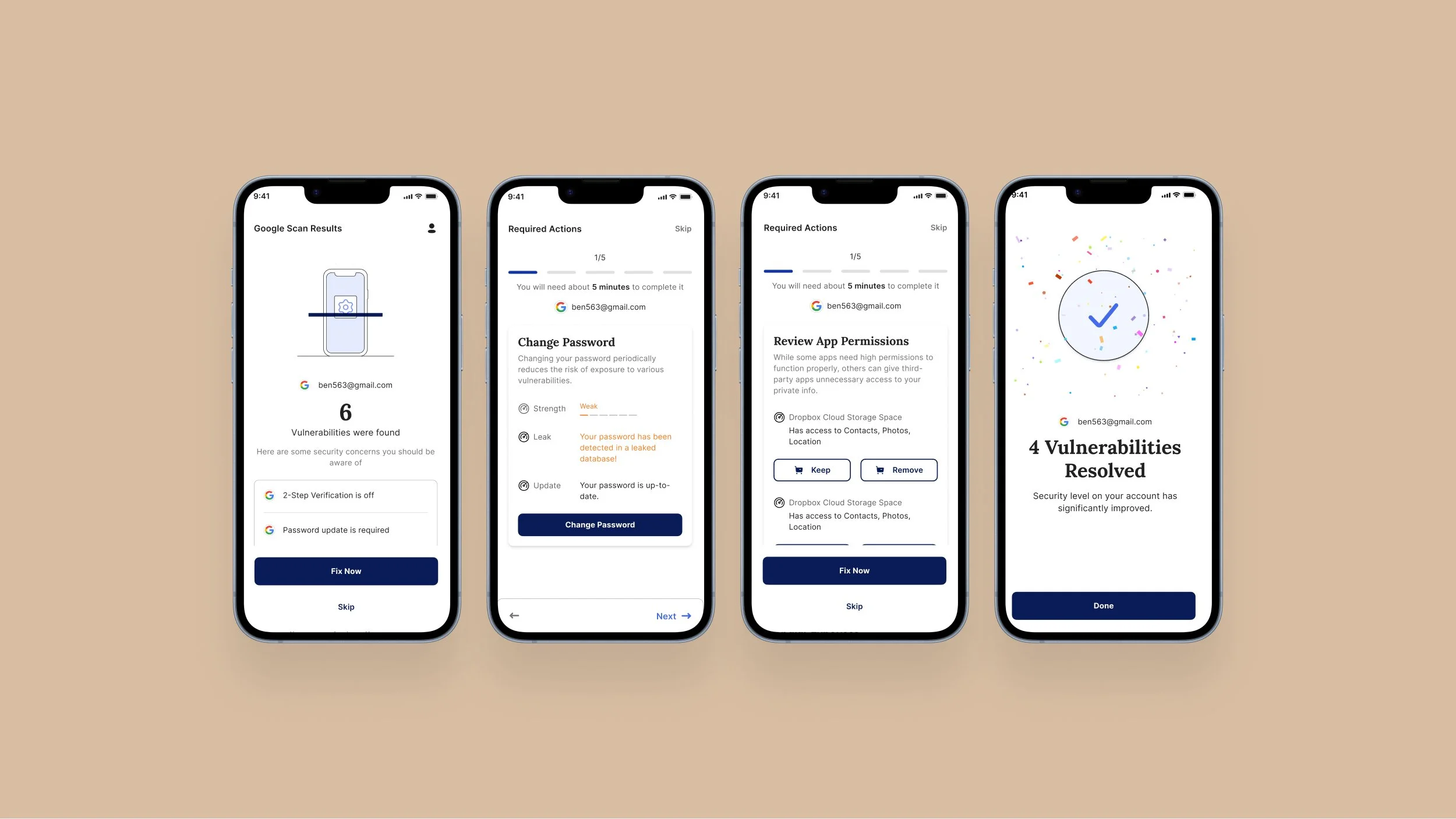 Four app screens showing the wizard journey: scan results with 6 vulnerabilities, a change-password step explaining the leak, an app-permissions review step, and a celebratory '4 vulnerabilities resolved' confirmation